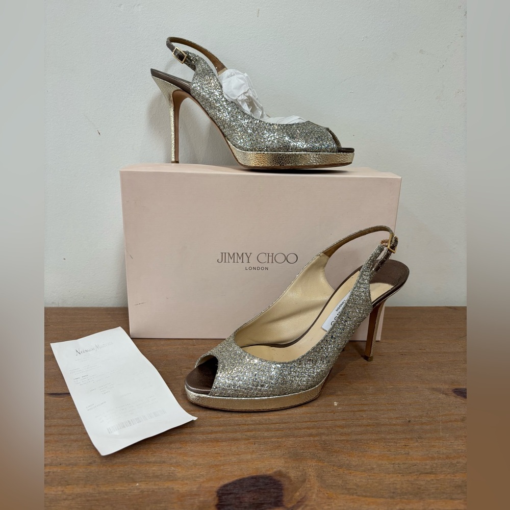 Jimmy Choo 247 Nova glitter fabric champagne sling back silver gold heels 9.5